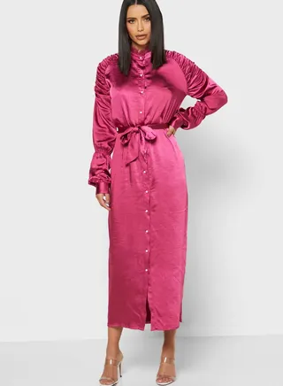Button Down Self Tie Midi Dress