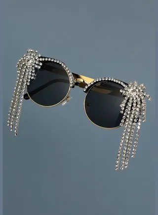 Alloy Full Rim with Gold Plated Designer Stone Round Sunglass For Women