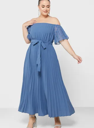 Off Shoulder Belted Pleat Detail Dress