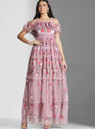 Ruffle Neck Embroidered Dress