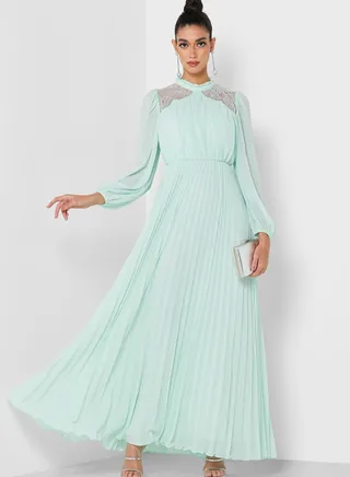 Mesh Detail Balloon Sleeve Dress