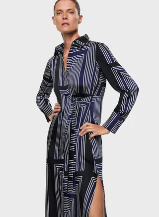 Printed Tie Detail Side Slit Dress