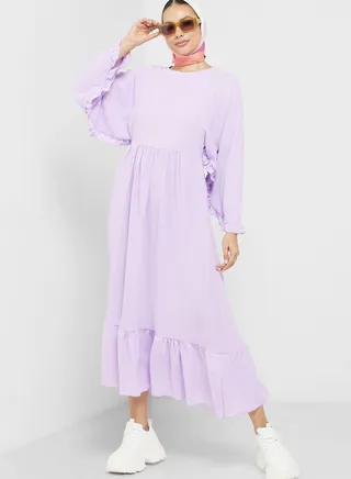 Frill Hem Batwing Sleeve Fit & Flare Dress