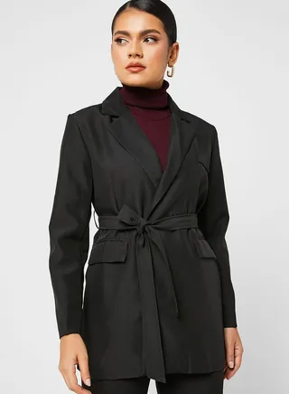 Longline Blazer With Waist Tie