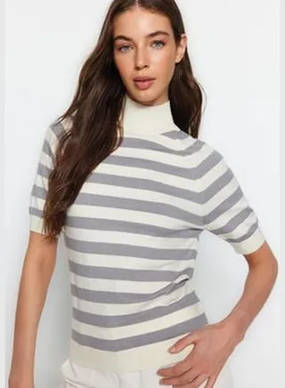 Ecru Premium/Special Yarn Soft Textured Striped Basic Knitwear Blouse TWOAW24BZ00003