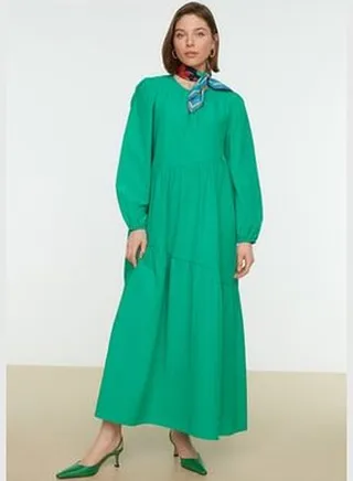 Green Shirred Detail Cotton, Wide Fit Woven Dress TCTSS21EL3470