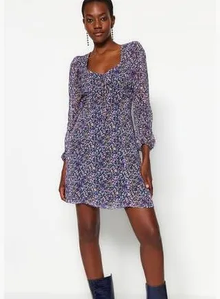 Multicolored Mini Woven Lined Dress With Bodice Detail TWOAW23EL00851