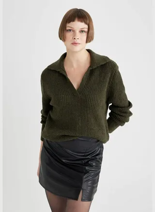 Woman Polo Neck Long Sleeve Tricot Pullover