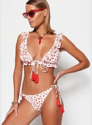 Polka Dot Triangle Bikini Set With Ruffle Regular Leg TBESS23BT00052