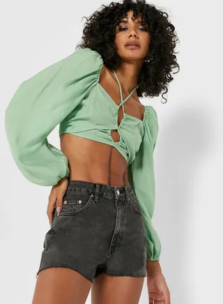 Shirred Balloon Sleeve Crop Top