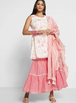 Printed Kurti & Plazzo Set With Dupatta