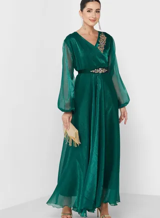Surplice Neck Flute Sleeve Embellished Dress