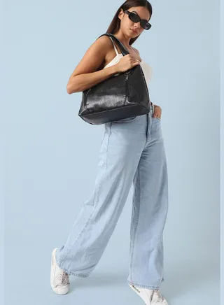 Solid Zip Lock Regular Faux Leather Hand Bag with Detachable Strap For Women