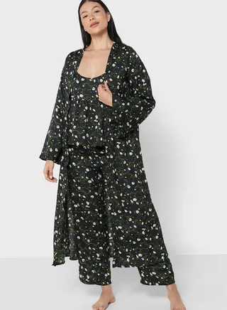 3Pc Pyjama Set Cami Top With Night Robe & Pant