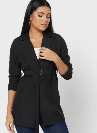 Longline Blazer With Tie Waist Detail