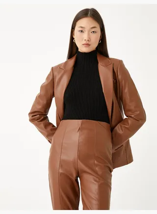 Faux Leather Blazer Jacket Pocket Detail