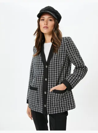 Buttoned V Neck Pocket Detail Tweed Jacket