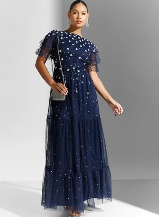 Ruffle Sleeve Embellished Tiered Dress