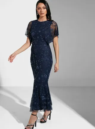 Embroidered Shirred Dress