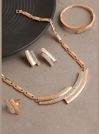 Gold Plated Designer Stone Necklace, Earring, Ring and Bracelet Set