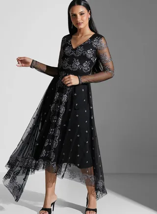 Plunge Neck Asymmetric Embroidered Dress