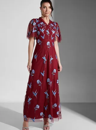 Embroidered Maxi Dress with Sheer Mesh Sleeves