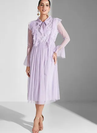Tie Neck Mesh Detail Ruffle Dress