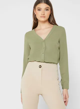 V-Neck Button Detail Top