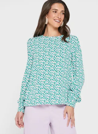 Round Neck Balloon Sleeve Floral Print Top