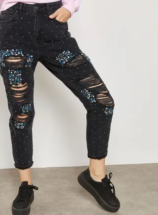 Embellished Ripped Mom Jeans