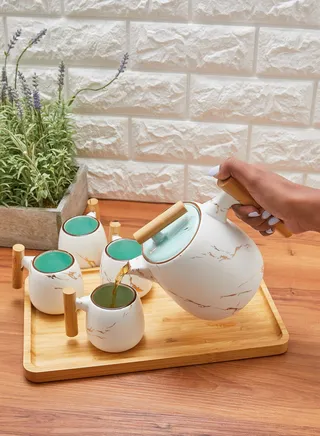 Marble Tea Pot and 4 Mugs Set