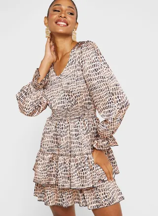 Printed V-Neck Puff Sleeve Dress