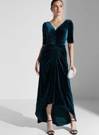 V-Neck Ruched High Low Dress