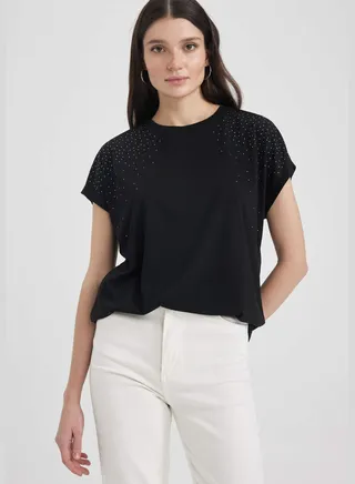 Woman Batwing Crew Neck Knitted Short Sleeve T-Shirt