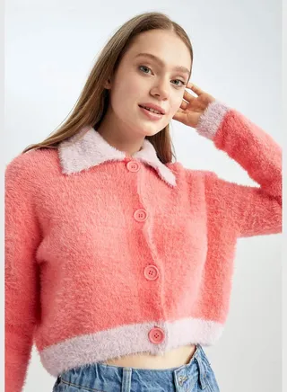 Woman Regular Fit Polo Neck Long Sleeve Tricot Cardigan