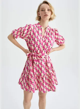Short Sleeve Check Print Mini Dress