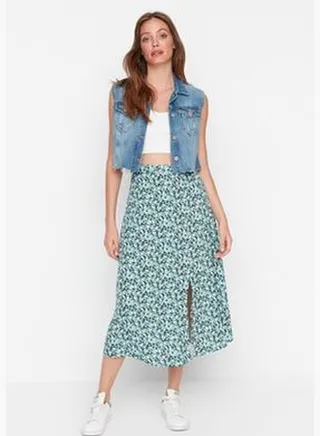 Green Slit Detail Floral Patterned Viscose Woven Midi Skirt TWOSS20ET0230