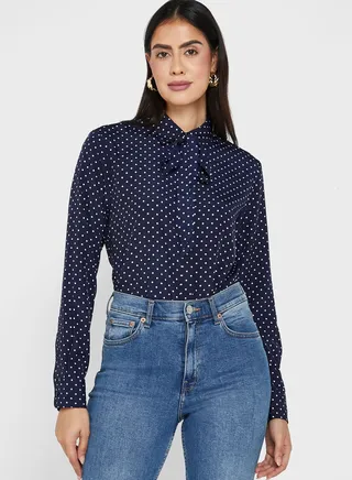 Tie Neck Button Down Shirt