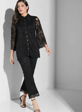 Flute Sleeve Lace Detail Shirt & Pants Set