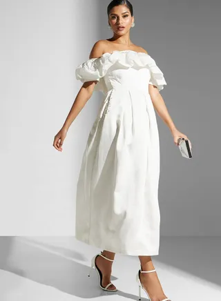 Bardot Ruffle Pocket Detail Dress