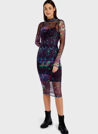 High Neck Printed Mesh Dress