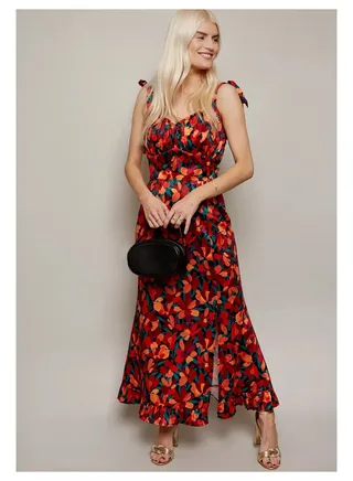 Little Mistress Floral Midaxi Dress With Tie Sleeve Detail