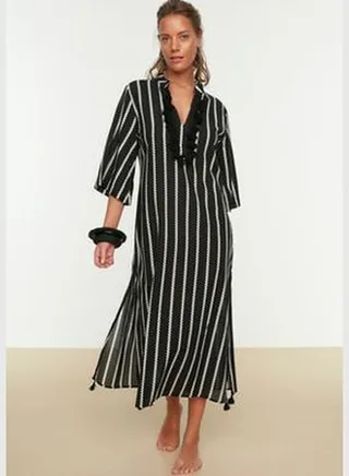 Black Striped Maxi Woven Tasseled 100% Cotton Kimono&Kaftan TBESS20KM0024