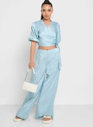 Wrap Tie Blouse And Pant Set