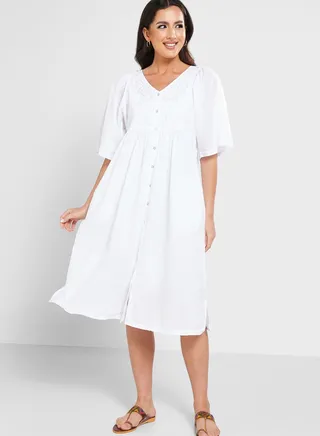 Pocket Detail Button Down Embroidered Dress