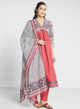 V-Neck Printed Kurta Set