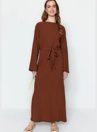 Brown Belted Wide Fit Woven Dress TCTSS23EB00043