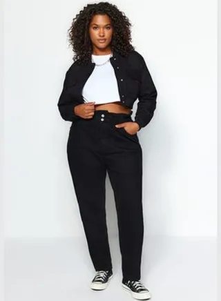 Black High Waist Mom Jeans with Elastic Waist TBBAW23JE00002