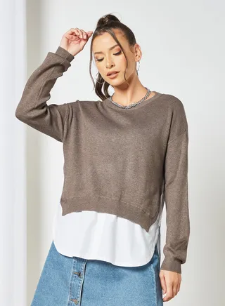 Solid Layered Sweater Taupe
