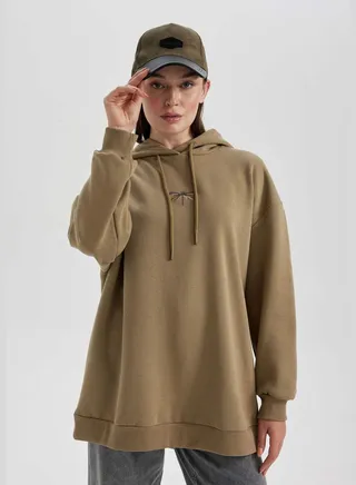 Woman Hooded Long Sleeve Knitted Sweat Tunic